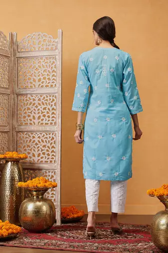 Hand Crafted Blue Cotton Lucknowi Chikankari Straight Indian Women Kurta