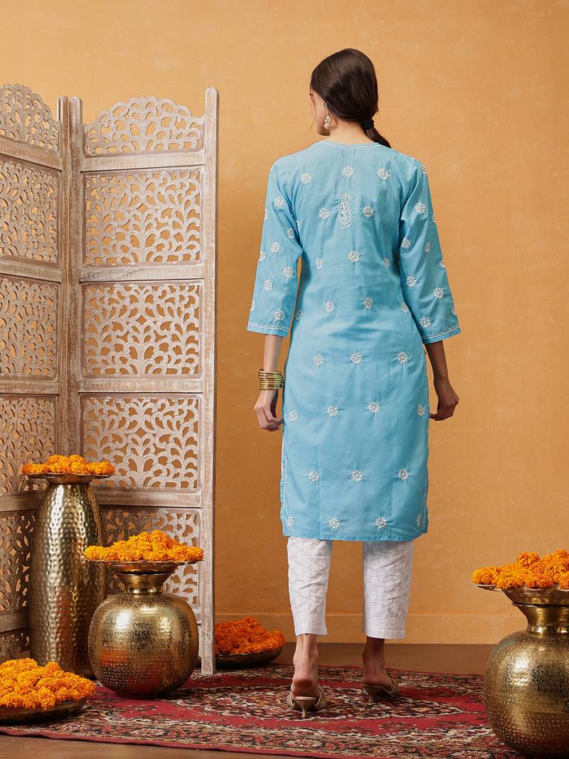 Hand Crafted Blue Cotton Lucknowi Chikankari Straight Indian Women Kurta