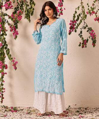 Handmade Blue Georgette Lucknowi Chikankari Straight Women Indian Kurta With Slip 1