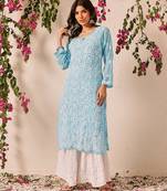 Handmade Blue Georgette Lucknowi Chikankari Straight Women Indian Kurta With Slip