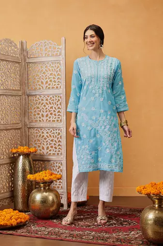 Hand Crafted Blue Cotton Lucknowi Chikankari Straight Indian Women Kurta