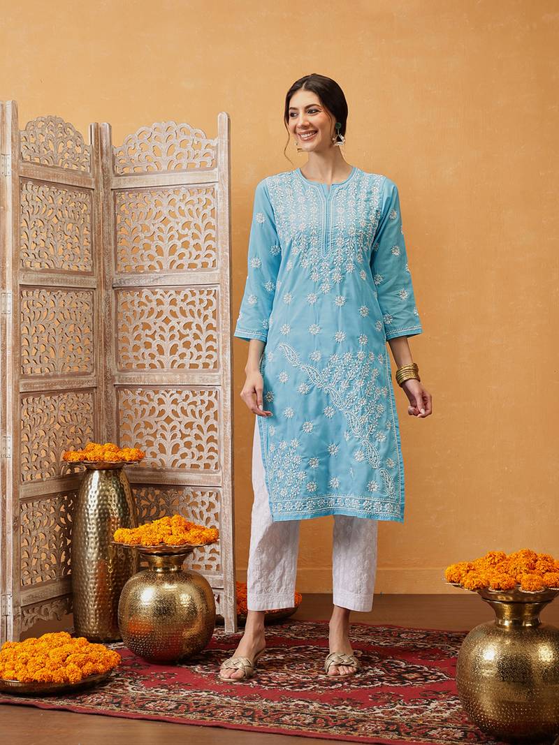 Hand Crafted Blue Cotton Lucknowi Chikankari Straight Indian Women Kurta