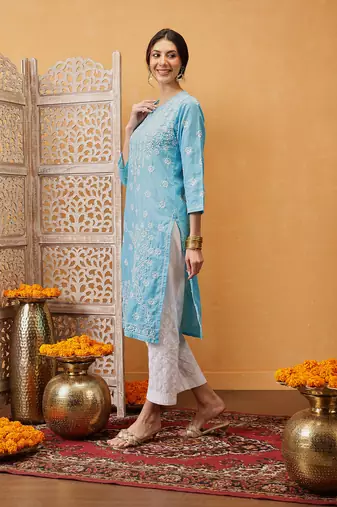 Hand Crafted Blue Cotton Lucknowi Chikankari Straight Indian Women Kurta