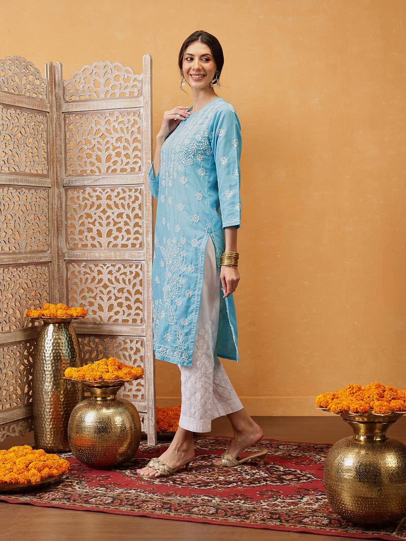 Hand Crafted Blue Cotton Lucknowi Chikankari Straight Indian Women Kurta