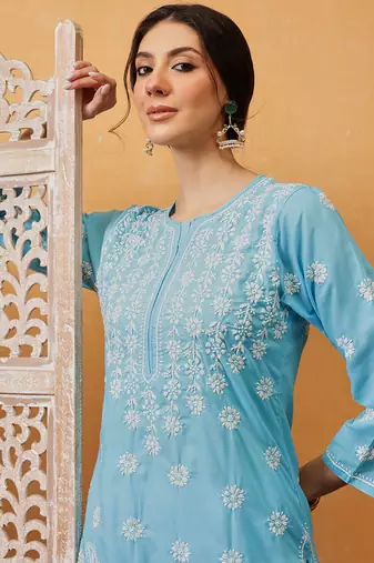 Hand Crafted Blue Cotton Lucknowi Chikankari Straight Indian Women Kurta