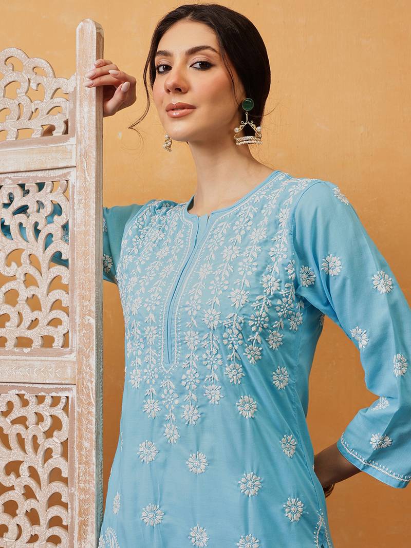 Hand Crafted Blue Cotton Lucknowi Chikankari Straight Indian Women Kurta