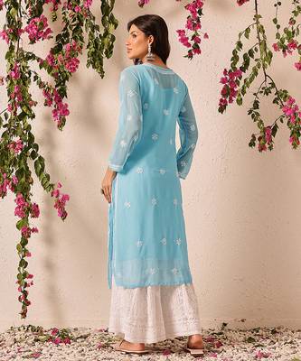 Handmade Blue Georgette Lucknowi Chikankari Straight Women Indian Kurta With Slip 3