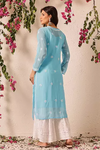 Handmade Blue Georgette Lucknowi Chikankari Straight Women Indian Kurta With Slip