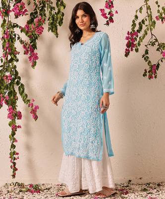 Handmade Blue Georgette Lucknowi Chikankari Straight Women Indian Kurta With Slip 4
