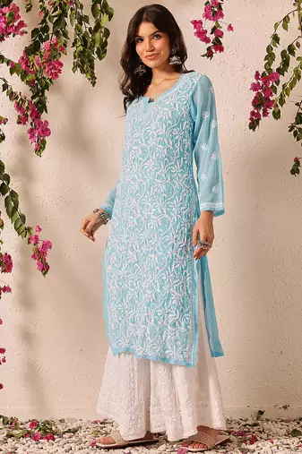 Handmade Blue Georgette Lucknowi Chikankari Straight Women Indian Kurta With Slip