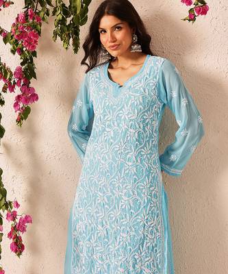 Handmade Blue Georgette Lucknowi Chikankari Straight Women Indian Kurta With Slip 5