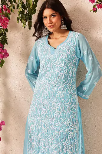 Handmade Blue Georgette Lucknowi Chikankari Straight Women Indian Kurta With Slip