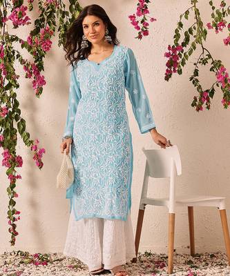 Handmade Blue Georgette Lucknowi Chikankari Straight Women Indian Kurta With Slip 6