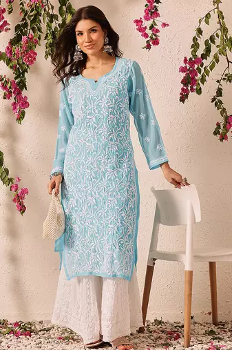 Handmade Blue Georgette Lucknowi Chikankari Straight Women Indian Kurta With Slip