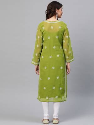 Hand Crafted Olive Green Georgette Lucknow Chikankari Indian Women Kurta With Slip 3
