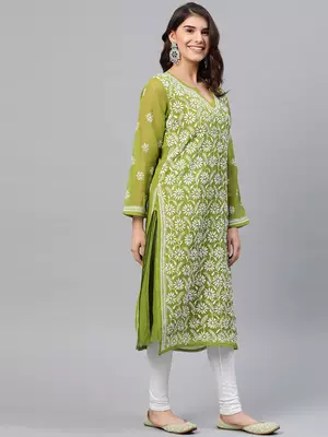 Hand Crafted Olive Green Georgette Lucknow Chikankari Indian Women Kurta With Slip 4