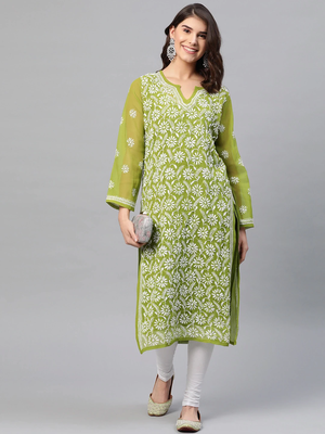 Hand Crafted Olive Green Georgette Lucknow Chikankari Indian Women Kurta With Slip 5