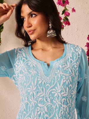 Handmade Blue Georgette Lucknowi Chikankari Straight Women Indian Kurta With Slip 7