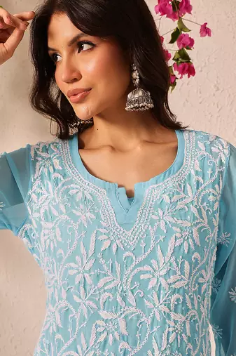 Handmade Blue Georgette Lucknowi Chikankari Straight Women Indian Kurta With Slip