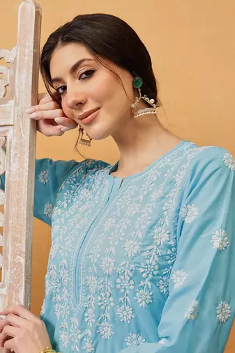 Hand Crafted Blue Cotton Lucknowi Chikankari Straight Indian Women Kurta