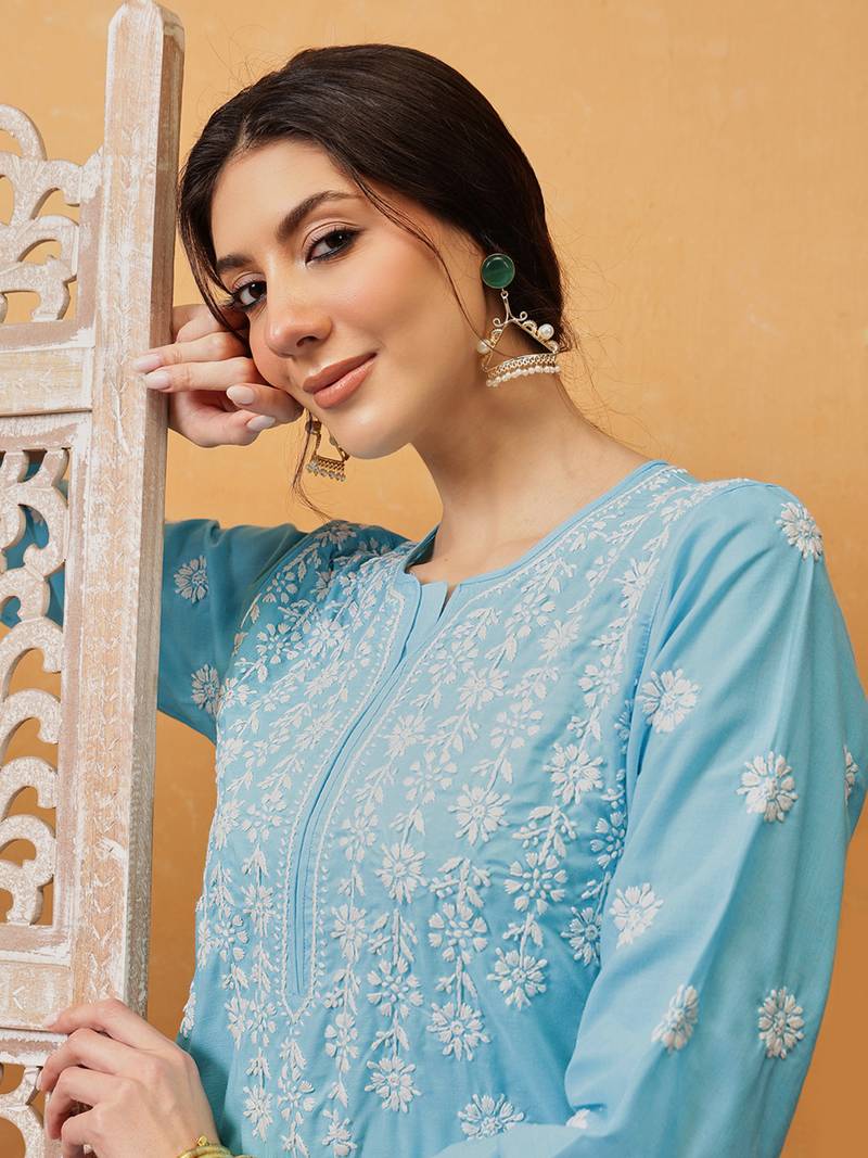 Hand Crafted Blue Cotton Lucknowi Chikankari Straight Indian Women Kurta