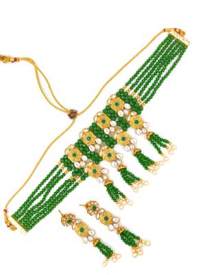Green Color Old Tone Kundan Bridal Choker Necklace Set For Women 1