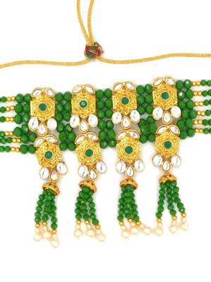 Green Color Old Tone Kundan Bridal Choker Necklace Set For Women 3