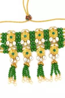 Green Color Old Tone Kundan Bridal Choker Necklace Set For Women
