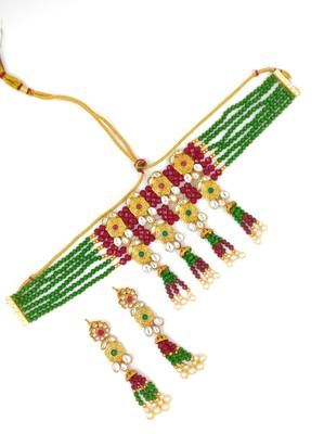 Ruby & Green Meenakari Multistrand Pearls Choker Necklace & Earring Set For Women 1
