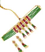 Ruby & Green Meenakari Multistrand Pearls Choker Necklace & Earring Set For Women