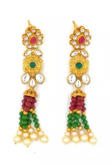 Ruby & Green Meenakari Multistrand Pearls Choker Necklace & Earring Set For Women