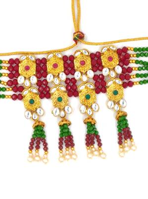 Ruby & Green Meenakari Multistrand Pearls Choker Necklace & Earring Set For Women 3
