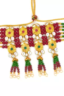 Ruby & Green Meenakari Multistrand Pearls Choker Necklace & Earring Set For Women