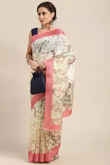 Cream printed linen saree with blouse