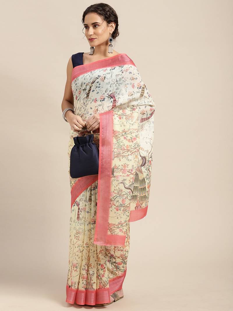 Cream printed linen saree with blouse