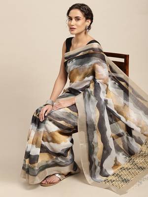 Multicolor printed linen saree with blouse 1