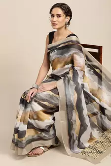 Multicolor printed linen saree with blouse