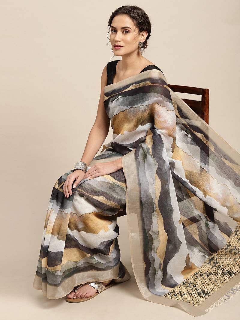 Multicolor printed linen saree with blouse