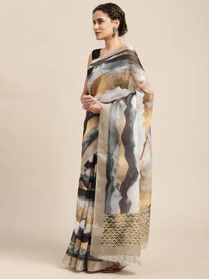 Multicolor printed linen saree with blouse 3