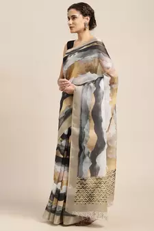 Multicolor printed linen saree with blouse