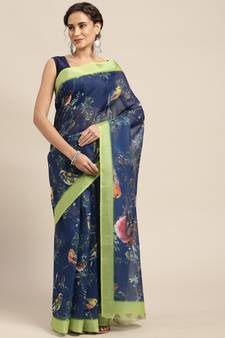 Navy blue printed linen saree with blouse