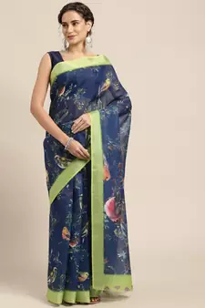 Navy blue printed linen saree with blouse