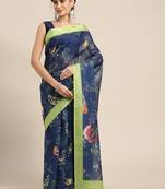 Navy blue printed linen saree with blouse