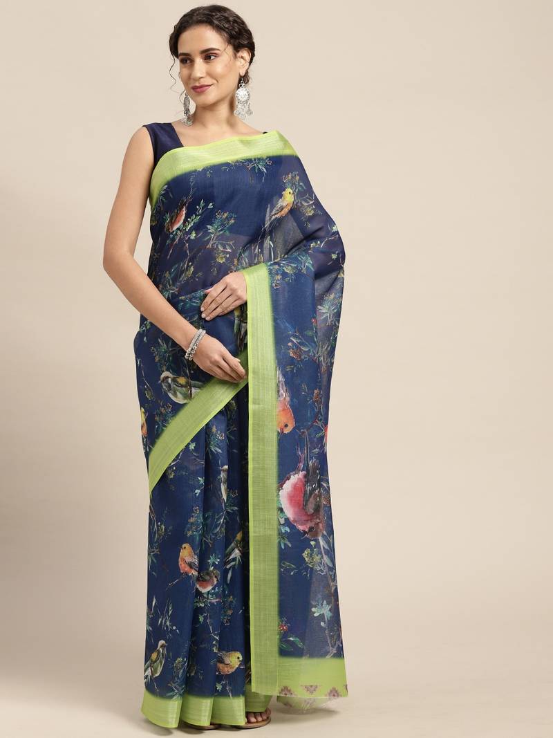 Navy blue printed linen saree with blouse