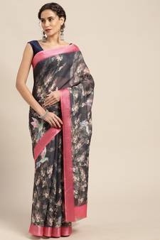 Dark green printed linen saree with blouse