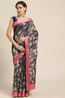Dark green printed linen saree with blouse