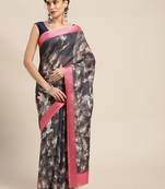 Dark green printed linen saree with blouse