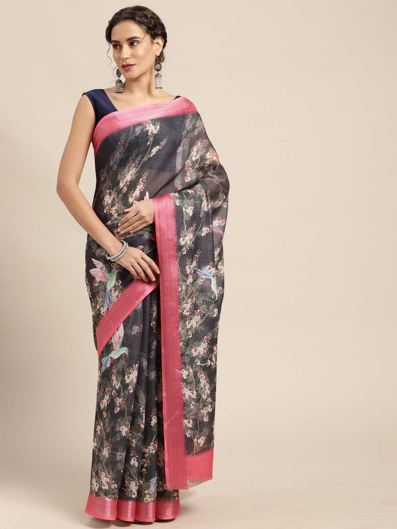 Dark green printed linen saree with blouse