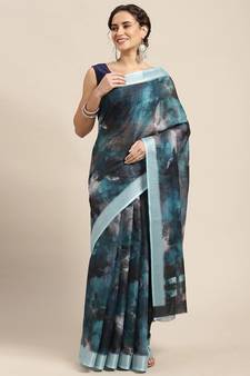 Blue printed linen saree with blouse