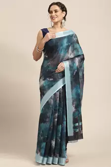 Blue printed linen saree with blouse
